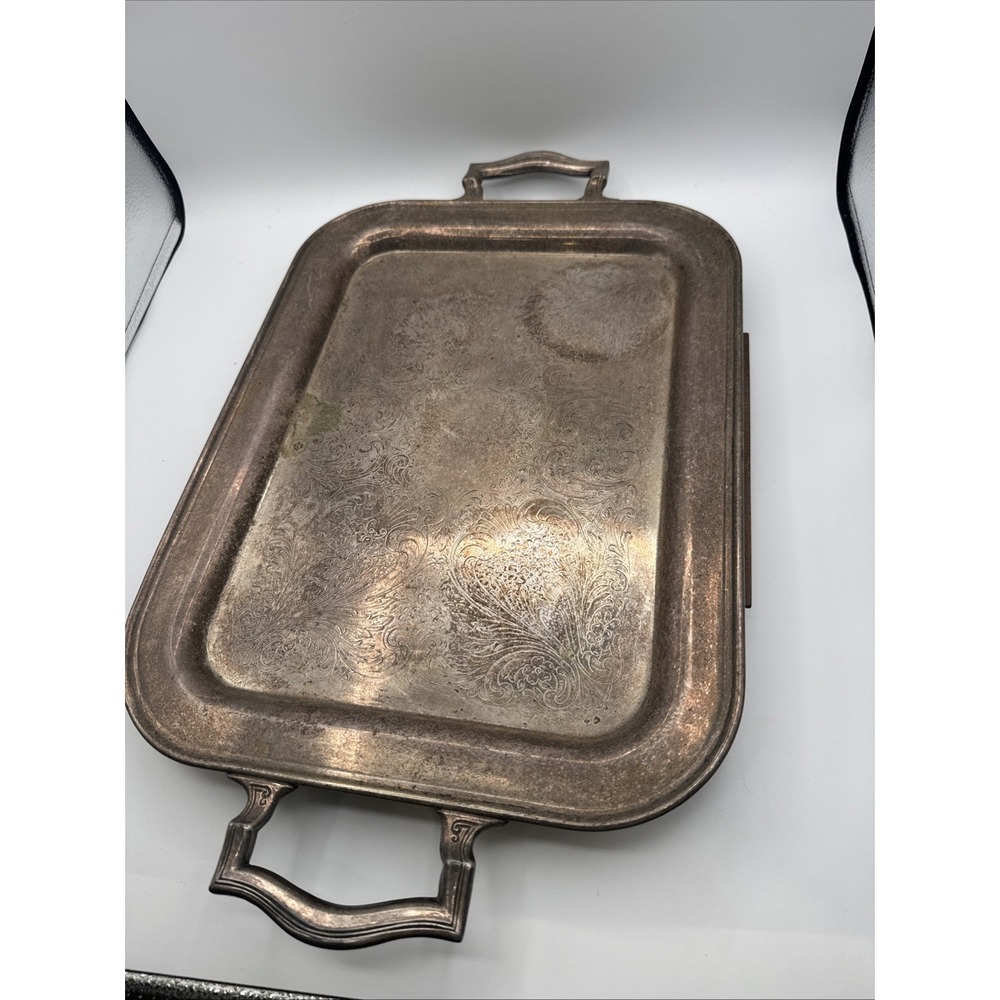 Vintage - 22.5 Silver Plated on Copper Ornate Etched Serving Platter W/Handles